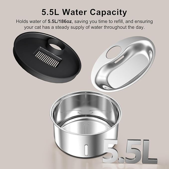 Cordless Cat Water Fountain, 5.5L/186oz Battery Operated Pet Water Fountain Stainless Steel with Ultra Quiet Pump, Motion Sensor, Cordless Pet Water Fountain Outdoor&Indoor Cat Water Drinking