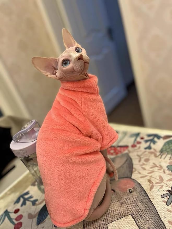 Sphynx Cat Clothes Winter Turtleneck Soft Coral Fleece Cat Clothes Thicken Warm Pajamas Coat for Hairless Cats and Small Cat Apparel with Sleeves (Rainbow Powder, XXL（12.7-16lbs）)
