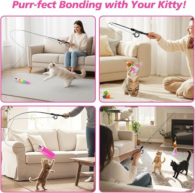 Pawaboo Cat Teaser Wand Toys, Cat Fishing Pole Toy with 3 Pack Feather Refills, 3-section Retractable Kitten Feather Toys with Pulley, Indoor Cats Teaser Catcher Exerciser with Bell,Rainbow + Rose Red