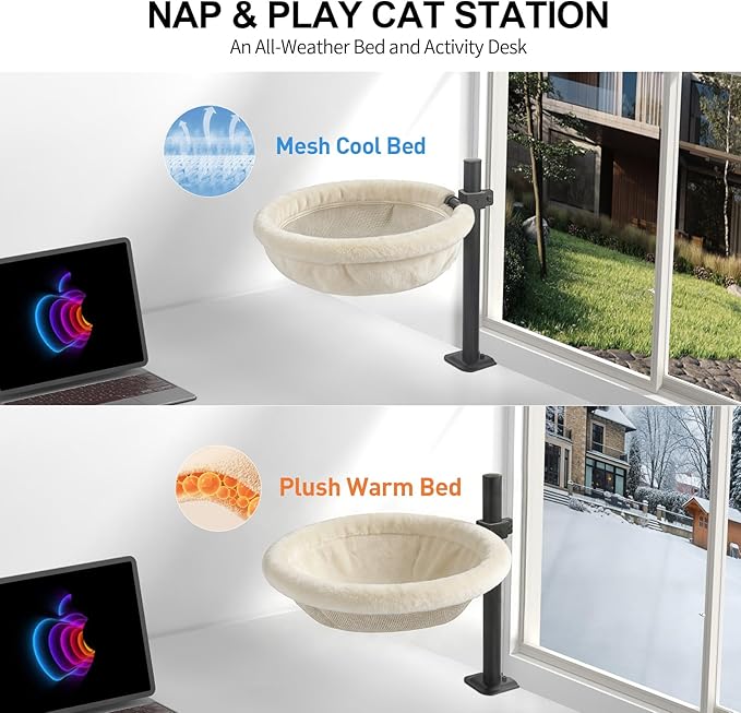 Cat Desk Bed, 360° Swivel Adjustable Height Cat Bed, Space-Saving Heavy Duty Steel Clamp-On Various Desktops, Soft Rabbit Faux Fur with Dual-Sided Reversible Mat, Cats Desk Hammock for Large & Kitten