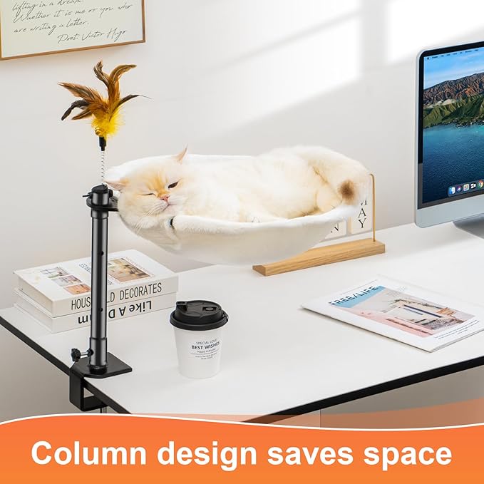 Uross Cat Desk Bed - Adjustable Height & 360 Rotation Cat Desk Perch Mount for Office and Game Tables, Attachment Desktop Bed with 2 Washable Covers, Soft Rabbit Fur& Breathable Mesh -Beige