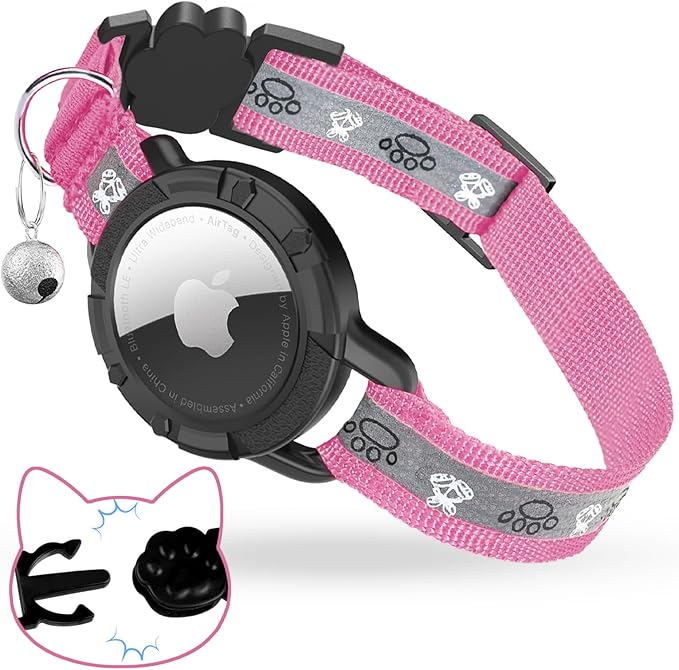 Breakaway AirTag Cat Collar, Reflective Cat Tracker Collar with Air Tag Holder and Bell, Safety Elastic Band Cat GPS Collars for Girl Boy Cats, Kittens and Puppies (Hotpink, 8-13'')
