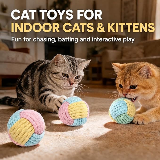 Kitten Toys & Cat Toys for Indoor Cats: 6 Pack Interactive Cat Toy Balls with Rope, Crinkle Cat Ball Toy for Chase, Chewing and Boredom Relief