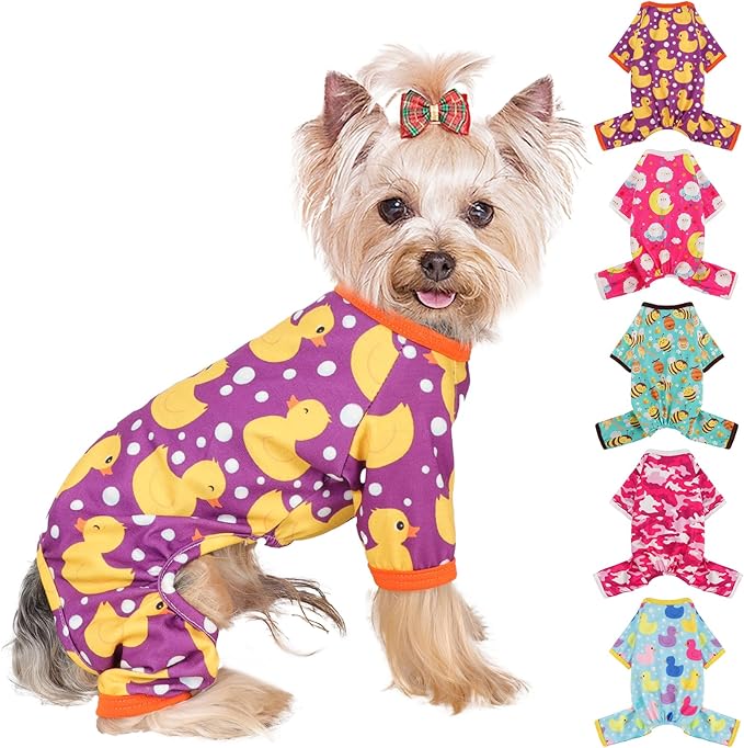 Dog Pajamas Small Sized Boy Girl, Cotton Stretchable Pet Clothes Jammies Puppy Outfits for Dogs Female Male, Spring Summer Doggie Doggy Pjs (Purple Duck, L)