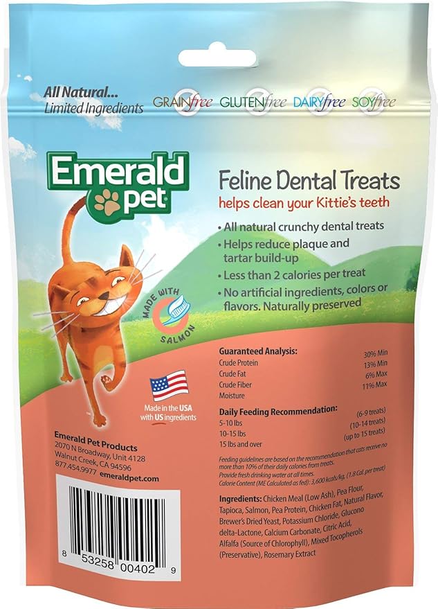 Emerald Pet 2 Pack of Salmon Grain-Free Feline Dental Treats, 3 Ounces Each, Supports Clean Teeth and Fresh Breath