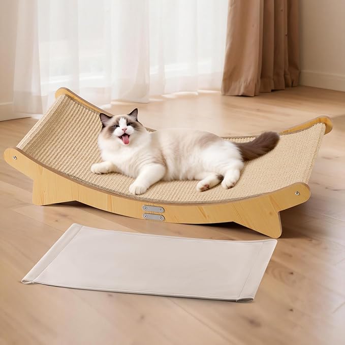 Cat Scratcher Bed, Sisal Cat Bed Hammock with Sisal Pad and Cloth Pad for Indoor Cats Wooden Cats Furniture for Scratching and Resting