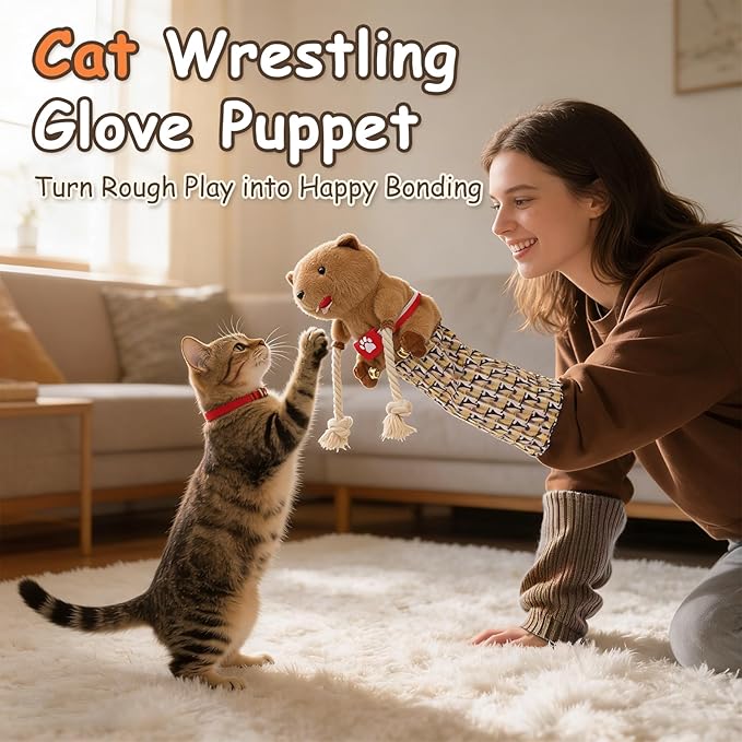 Cat Wrestling Glove Puppet for Indoor Cats – Interactive Bite Resistant Cat Toy with Protective Arm Sleeve & Catnip Caterpillar