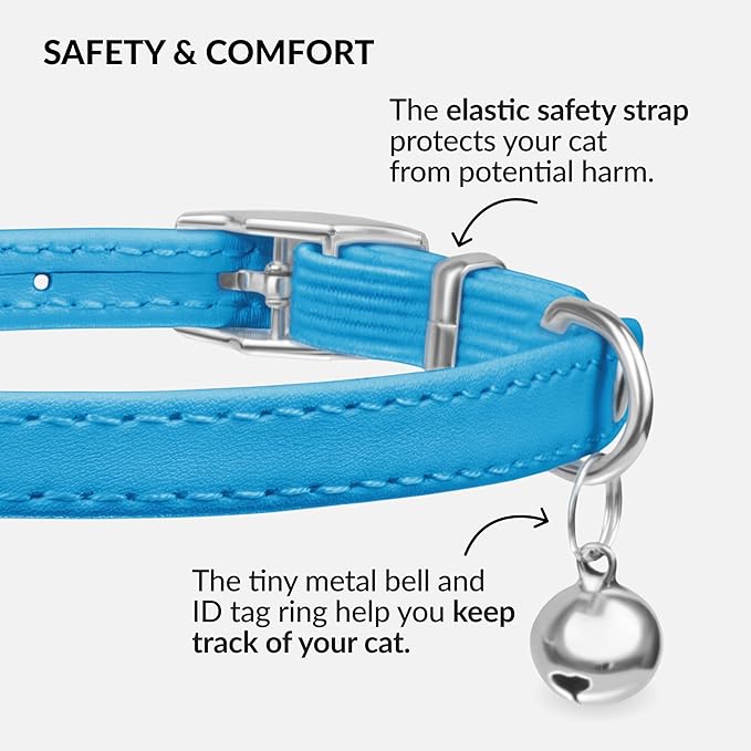 CollarDirect Leather Cat Collar with Removable Bell – Safety Elastic Strap (Breakaway Alternative) – Kitten Collar for Small & Big Boy & Girl Cats