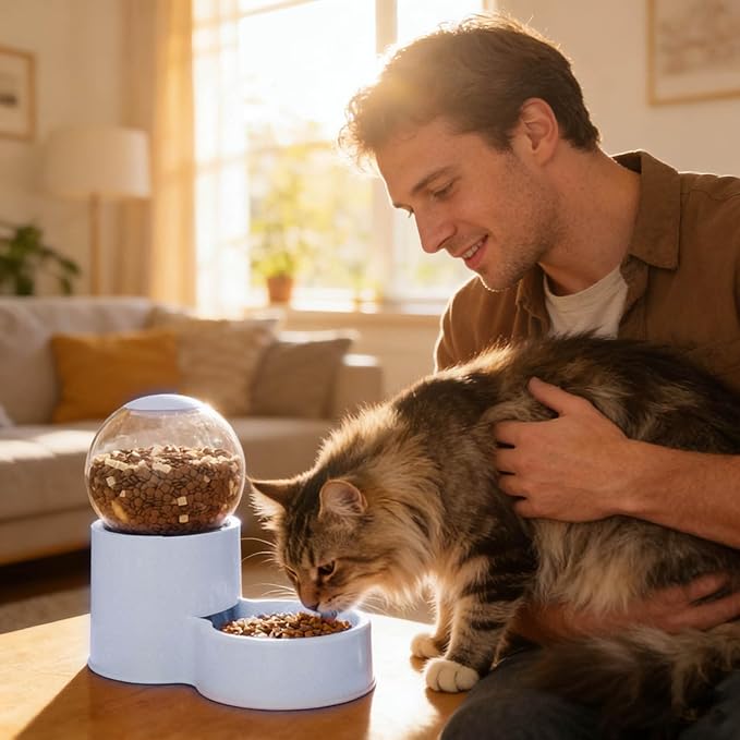 Automatic Cat Feeder, Water Dispenser Gravity Food Feeder and Water Set, Pack of 2, Cat Food Dispenser and Gravity Water Fountain for Cats Small Dogs Puppies Kittens Pets (Blue)