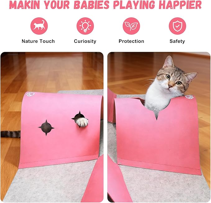35.4" Large Interactive Felt Cat Activity Play Mat – Ripple Style Hide & Seek Tunnel with Hanging Ball, Foldable Snuffle Mat for Indoor Cats, Kittens, Rabbits, Small Pets, Pink
