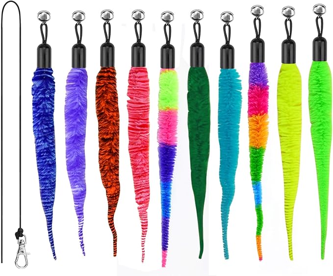 miwoowim 11 PCS Cat Wand Toy Refills - 10 Fuzzy Worm Attachments with Bells & 1 Replacement String with Clasp, Interactive Teaser Toys for Indoor Cats(10 Worms Refill)