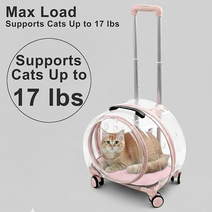 Hard Shell Cat Carrier with Wheels, Rolling Cat Travel Carrier with Telescoping Handle, Transparent Pet Carrier for Cats (Pink)