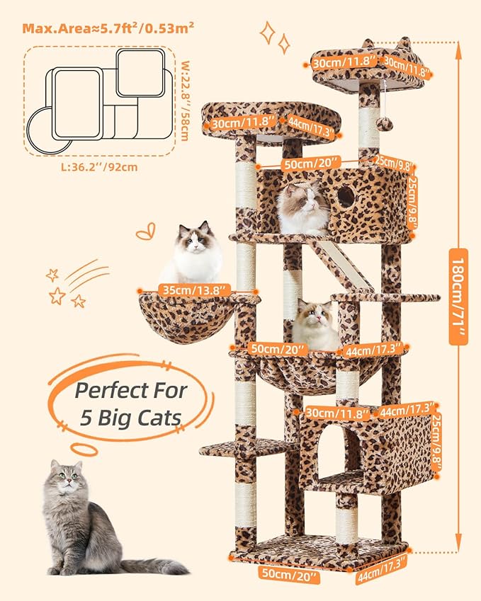 Taoqimiao Cat Tree 71-Inch, Cat Tower for Indoor Cats Large Adult, Multi-Level Large Cat Condo, 8 Sisal Scratching Posts, Metal Frame Cozy Hammock, Scratch Board, 2 Top Perches, Leopard Print MS026LBW