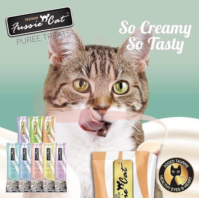 Fussie Cat Puree Grain Free Treat in 6 Flavors: Tuna/Prawns, Chicken/Duck, Chicken, Tuna/Salmon, Tuna/Ocean Fish, and Tuna/Shrimp (6 Four-Tube Packs, 24 Tubes Total, 0.5 Ounce/Tube) Plus Silicone Lid
