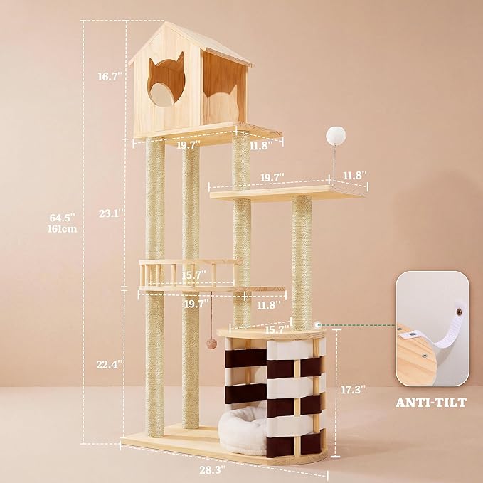 YITAHOME Stable Pine Wood Cat Tree, Multi-Level Cat Tower with Cat House, Observation Perches, Sisal Scratching Posts & 2 Interactive Sisal Balls, Cat Furniture