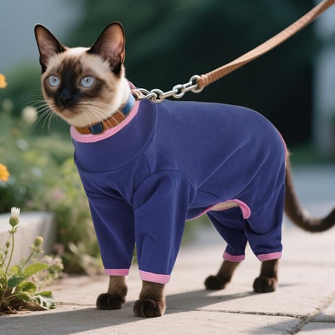 DENTRUN Cat Clothes for Hair Control with Hair Sticky Fabric - Soft Recovery Suit & Breathable Lint-Resistant Cat Sweater for Cats Only, Kitten Onesie Pajamas, S, Blue