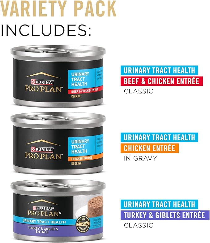 Purina Pro Plan Urinary Cat Food Wet Variety Pack Urinary Tract Health Chicken, Beef and Chicken, and Turkey and Giblets - (Pack of 48) 3 Oz. Cans