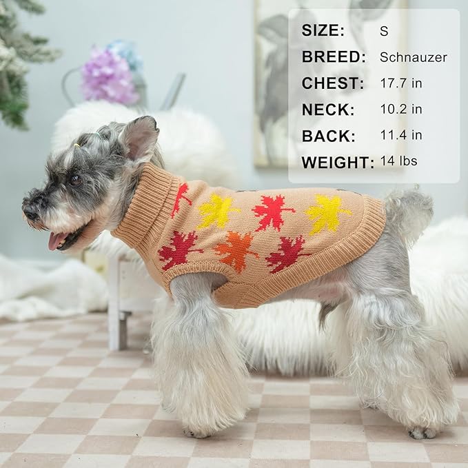 BEAUTYZOO Fall Dog Sweater - Turtleneck Knitwear for Small Dogs, Girls Boys, Maple Leaf Cable Knit Puppy Pullover, Cat Apparel in Cold Weather (Khaki, XS)
