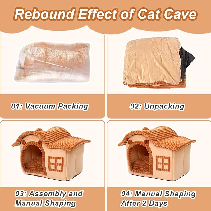 Jiupety Bear Cat Houses for Indoor Cats, Chimney Cute Cat Bed Cave, Enough Interior Space, Cartoon Soft Pet House Up to 3-7 lbs Kitten, Brown