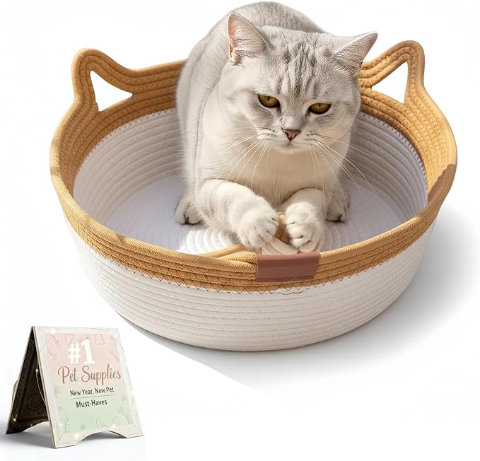 Instinct Basket for Cats - Handwoven Cotton Rope Enrichment Bed with Attached Toy Tail, Scratchable Interactive Pet Nest Features Flexible Walls to Fight Boredom & Protect Furniture (Brown, M)