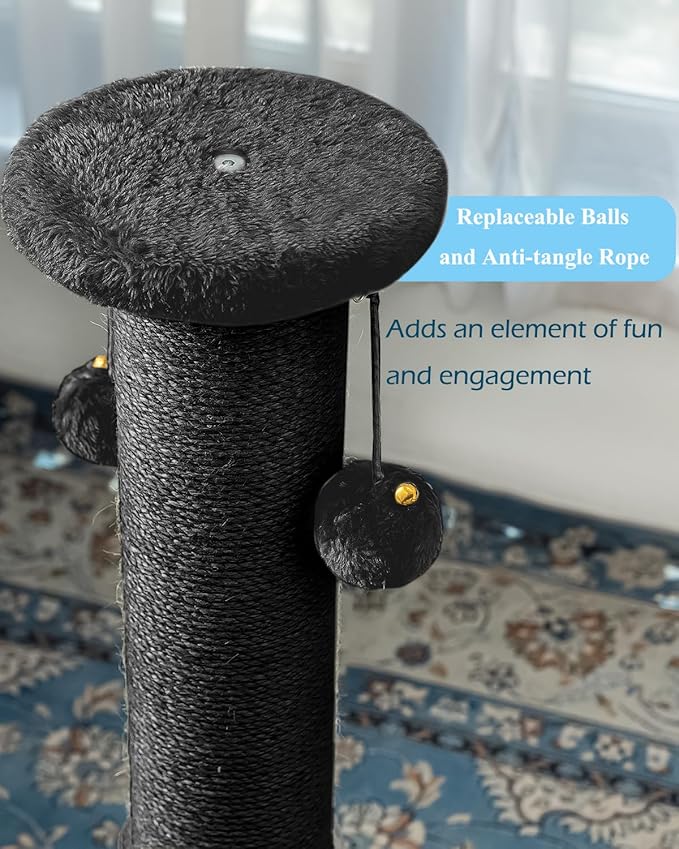 34Inch Tall Cat Scratching Post,4.3Inch Diameter Large Sisal Cat Scratch Post with Ball, Sturdy and Durable Cat Scratcher for Indoor Cats Adults Black