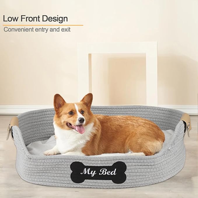 Cat Beds for Indoor Cats, 21.6''X15.7'' Cotton Rope Kitty Nap Bed with Soft Cushion, Handwoven Basket - Scratch Resistant