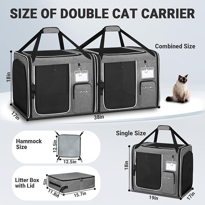 Petskd 2 in 1 Double Cat Car Travel Carrier with Litter Box, 38"x17"x18" Portable Dual Extra Large Cat Carrier for Multiple Cats with Zipper Locks for Moving Across The Country(Grey)