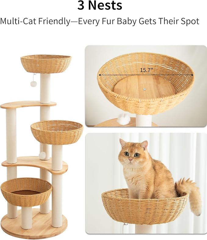 Modern Cat Tree for Large Cats, Wood Cat Tower 3 Condo Perch Heavy DutyBase with Cotton Scratch Post for Indoor Big Cats (90755)