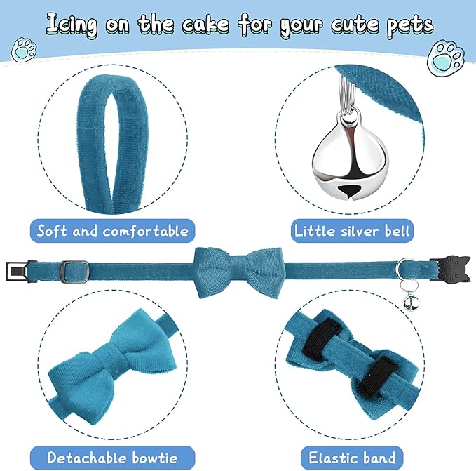 4 Pieces Cat Bow Tie Collar with Bell Breakaway Cat Comfortable Velvet with Cute Safety Pet Collar for Pet Kitten Puppy(Medium,Black, Gray, Dark Green, Blue)