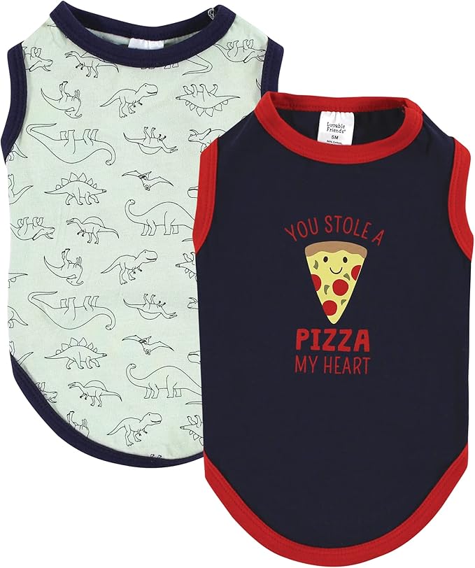 Luvable Friends Dog Pet Dog and Cats Cotton T-Shirts 2pk, Pizza Dino, X-Small