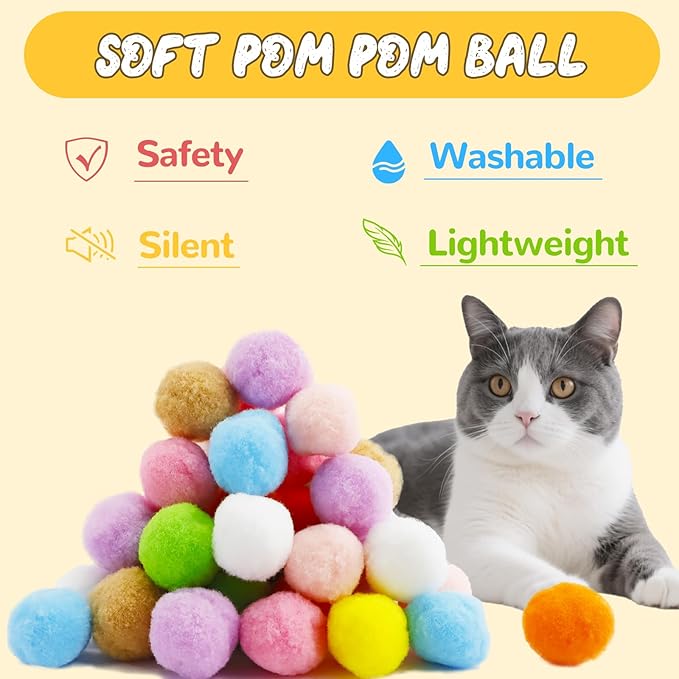 120 Pcs Cat Pom Pom Balls with 2 Pcs Launchers, Plush Exciting Interactive Cat Toys for Indoor Cats, Silent Soft Kitty Toys Ball Launcher Set, Active Kitten Toy Supplies