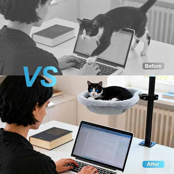 Cat Desk Bed - 360° Rotating Height Adjustable Cat Hammock for Desks & Tables, Soft Washable Dual-Sided Plush & Mesh Mat for Indoor Cats and Puppy, Supports Up to 45lbs, Suitable for Office Home Use