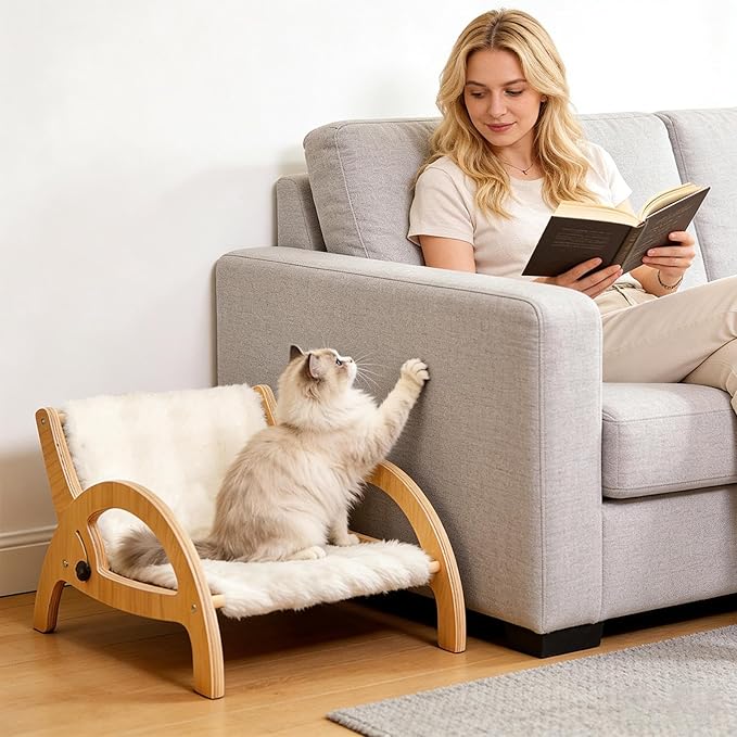 Cat Scratcher Couch, Pet Scratch Lounge, Wooden Frame Recliner, Sisal Claw Panel Adjustable Back Support, Furniture Protector Space Saving Design, Indoor Kitten Resting Bed Carpet