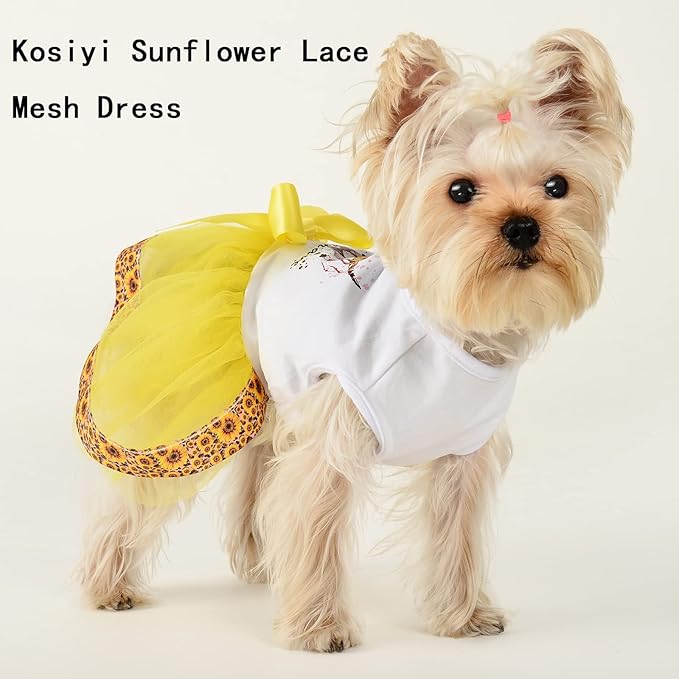 Sunflower Lace Dog Dress - Cute Tutu Outfit for Small Medium Dogs and Cats - Yellow, XS, Sunflower Yellow
