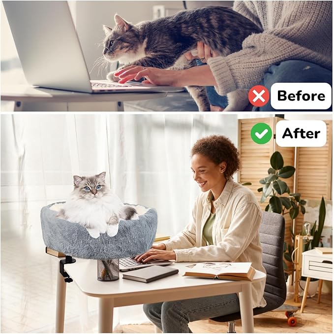 19" Extra Large Cat Desk Bed,One-Button Easy Lift & Rotate,Extra Thick Cushion,Reversible Two-Tone,Super Soft Plush Faux Fur Pet Bed,Machine Washable Bed,desk bed for large cats(Light Grey Duo)
