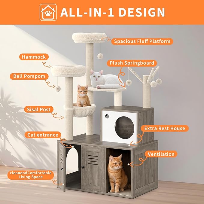 Modern Wooden Cat Tower with Hidden Litter Box Enclosure, Multi-Level Cat Condo, Scratching Posts, Cozy Hanging Basket & Toy, Durable Cat Tree Furniture for Indoor Cats, Smoke