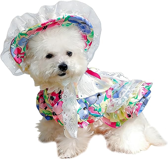 2 Pcs Pet Floral Dress and Lace Sunhat, Summer Skirt with Laces for Dog, Cute Bowknot Dresses for Cat, for Birthday Party and Outdoor Travel (Colorful, X-Large)