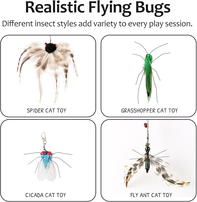 Interactive Cat Toy Bug Toys for Cats 4 Realistic Flying Bugs Cat Wand (4PC Insects Refills)