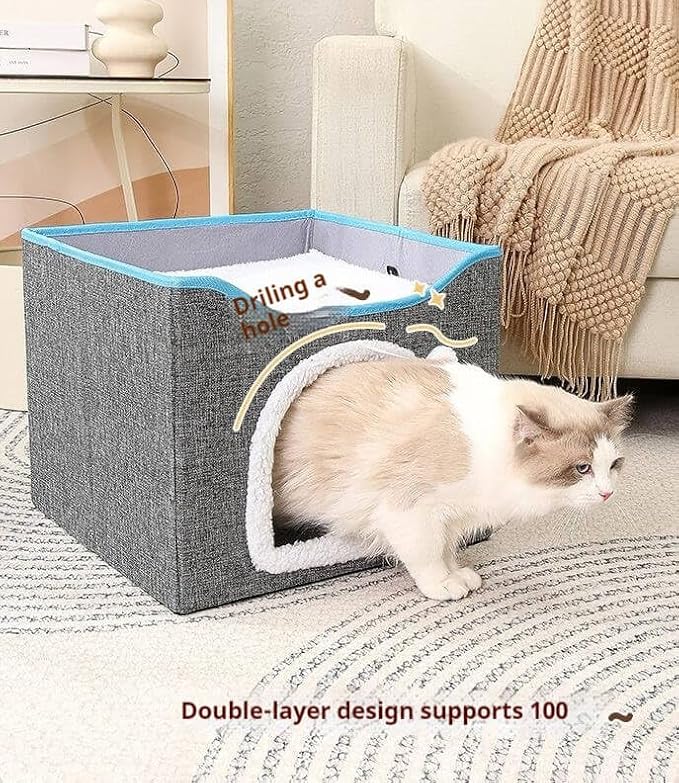 Cat Bed with Scratching Pad and Hanging Fluffy Ball Foldable Large Cat Cave House for Indoor Cats