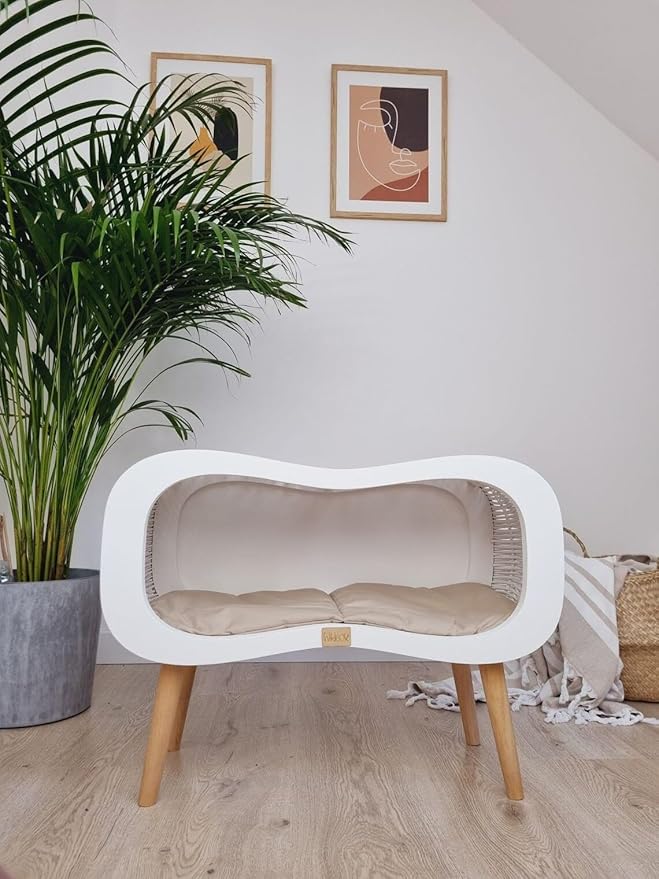 Wiklibox Wicker Cat Bed with Mattress - Infinity on Legs Design - Comfortable & Cozy Natural Bed for Cats - Indoor Kitten House with Thick & Durable Plywood - Handcrafted 100% Polish Pet Furniture