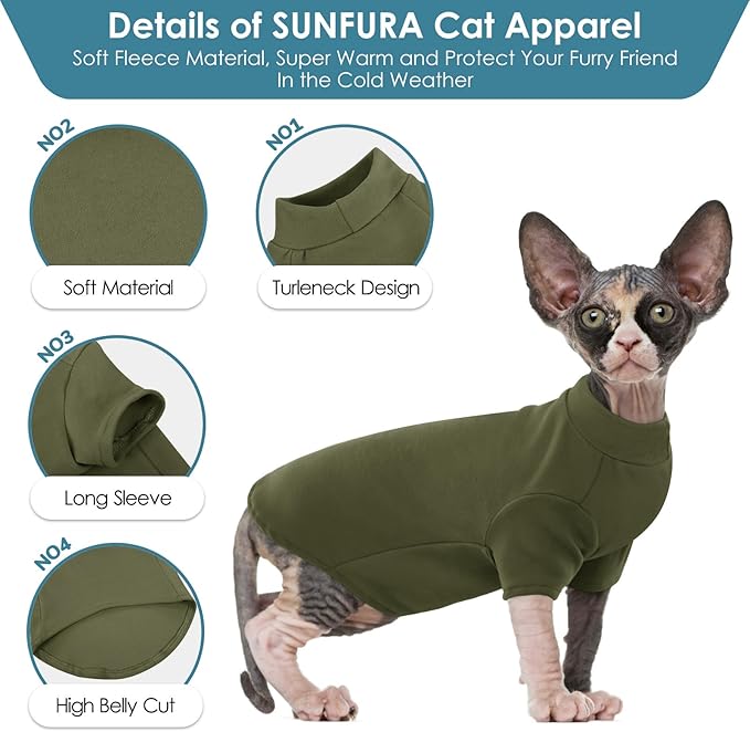 Turtleneck Sweater for Cat, Sphynx Cats Shirt Hairless Cat Sweaters with Sleeves, Warm and Soft Kitten Pullover Fleece Winter Pajamas Jumpsuit for Puppy Cats, ArmyGreen S