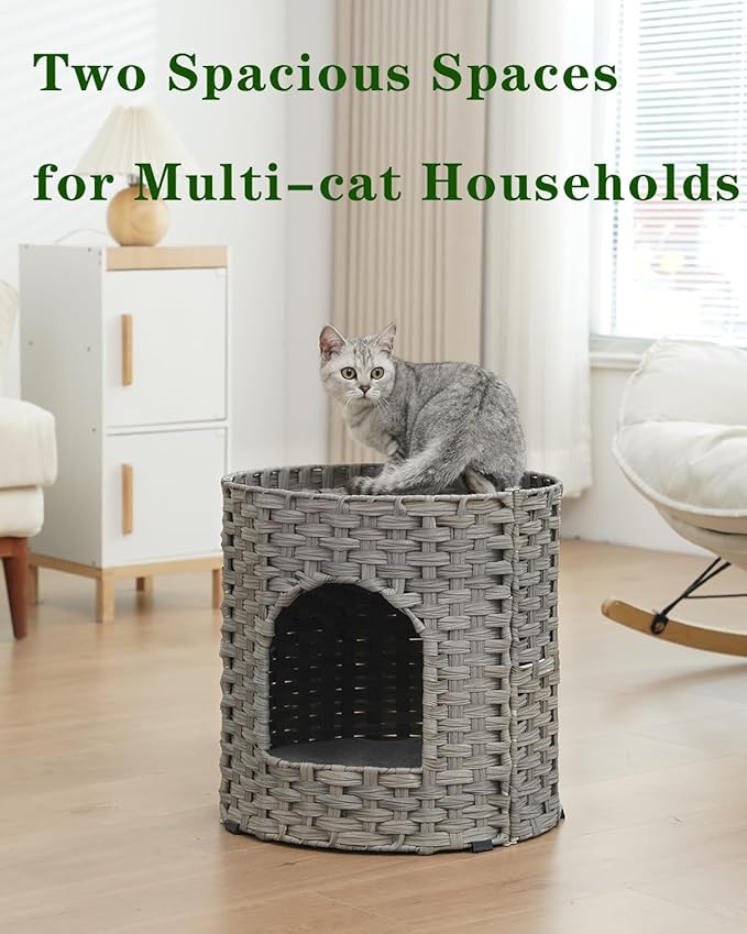 SETVSON Cat House for Indoor Cat, Large Double Cat Houses Cat Bed Cave, Handwoven Rattan Pet Beds with One Soft Pad, 17 x 17 x 17 Inches Foldable Kitten Hideaway in Living Room Gray