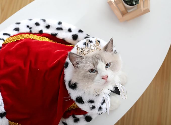 Lovelyshop Pet Serial Majestic Dog/Cat Costume Collection with Lux Velvet Cloak and Gold Pearl Crown Set for Halloween,King Queen Prince and Princess Cosplay-S
