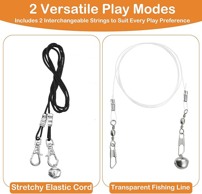 Amabro 8Pcs Cat Wand Replacement Strings with Built-in Bells Lobster Clasps Elastic Refill Wires for Cat Teaser Wand Toy All Lures Universal Fit(4 Pcs Black Rope + 4 Pcs Transparent Fishing Line)