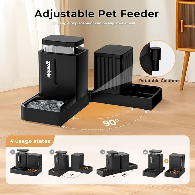 ZOMISIA Gravity Cat Feeder and Water Dispenser, 2 in 1 Automatic Cat Feeder with 180 Degree Rotatable, 2 Pack Large Capacity Self Feeding for Small Medium Dog Puppy Kitten, Grey, 0.8 Gallon x 2
