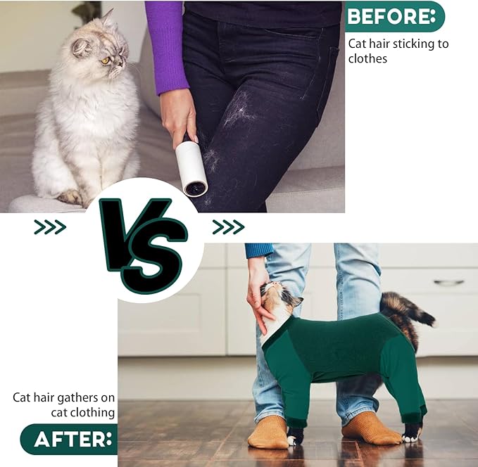 QBLEEV Sticky Hair Cat Clothes, Soft Cat Pajamas for Cats Only, Prevent Lost Fur Kitten Sweater Onesie, Stretchy Recovery Suit for Female Male Cats After Surgery Daily Wear, Green, XS