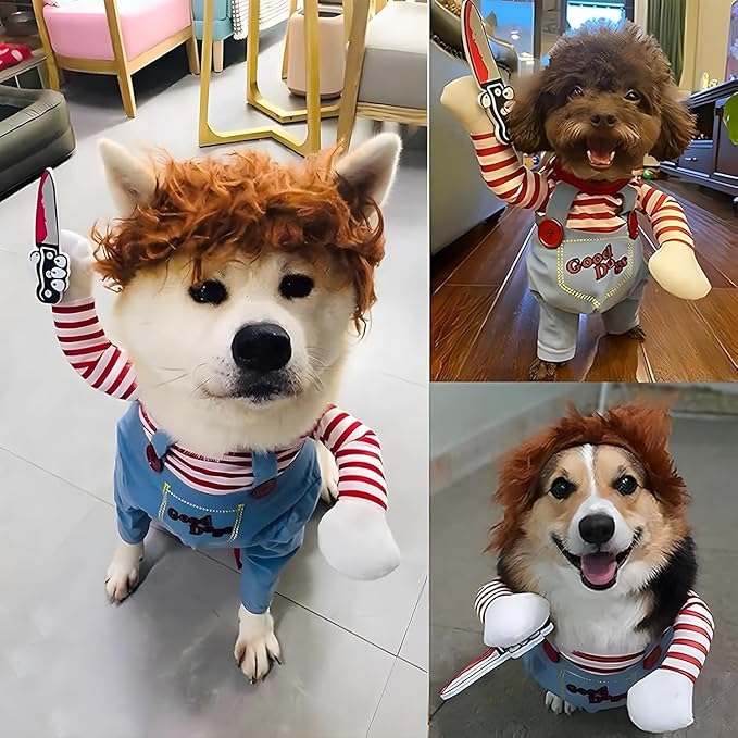 Halloween Dog Costumes with Wig & Knife, Cute Pet Deadly Dog Cosplay Costume for Small, Medium, Large Dogs & Puppies