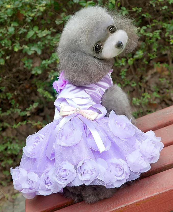 SMALLLEE_Lucky_Store Pet Small Dog Wedding Dress with Bowknot Birthday Party Costume Satin Rose Pearls Girl Formal Dress Cat Tutu Purple Violet XS, (YP0173)