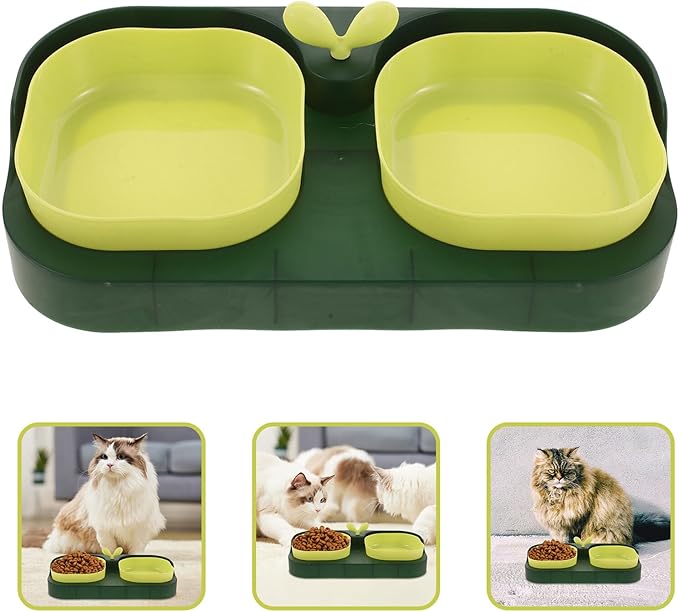 PRETYZOOM Plastic Cat and Dog Bowl Set with Stand, Indoor Pet Feeding and Watering Dish, Non-Slip Puppy Feeder, Dark Green Dual Bowls for Cats and Small Dogs