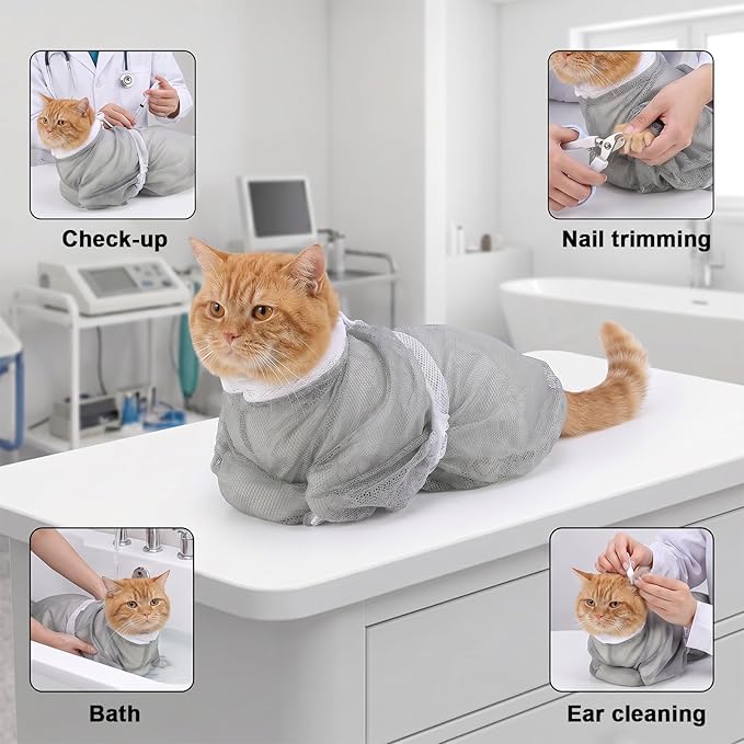 Cat Bag for Bath, Multifunctional Breathable Mesh Cat Bathing Bag, Adjustable Scratching Proof Restraint Accessories for Washing, Nail Trimming, Grooming, Vet Visits (Gray)